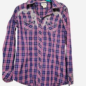 Ariat purple pink metallic plaid western rodeo cowgirl jewel button down shirt